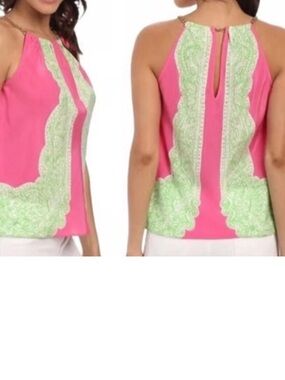 NEW Lilly Pulitzer Pink Green Riviera Silk Chain Halter Neck Tank Top Size Med